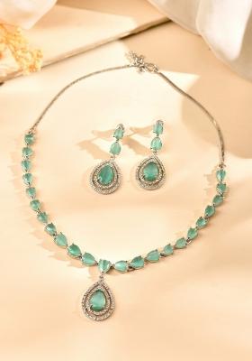 Silver Toned Teal Green Tear Drop Shaped Stone Ad Necklace Set