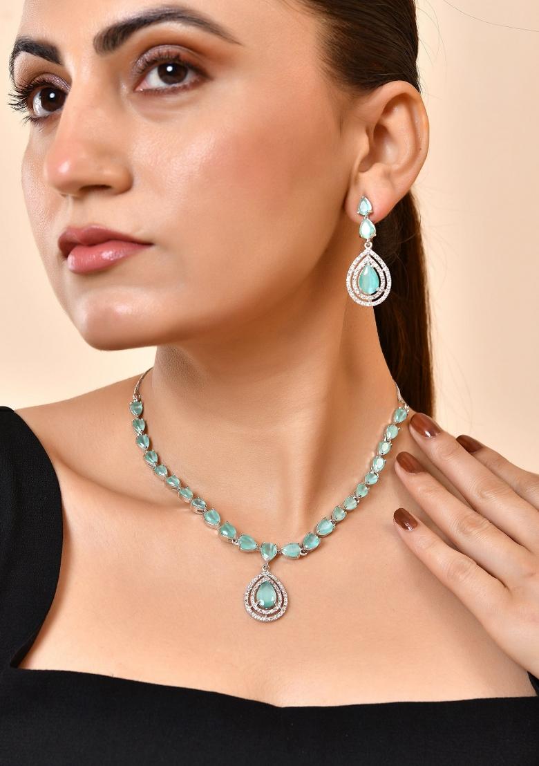 Silver Toned Teal Green Tear Drop Shaped Stone Ad Necklace Set - Indya