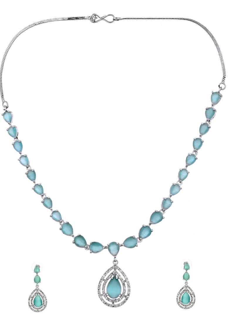 Silver Toned Teal Green Tear Drop Shaped Stone Ad Necklace Set - Indya