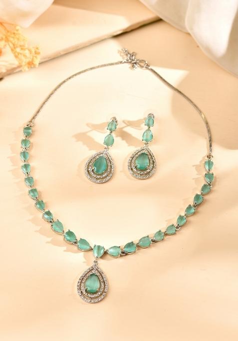 Silver Toned Teal Green Tear Drop Shaped Stone Ad Necklace Set