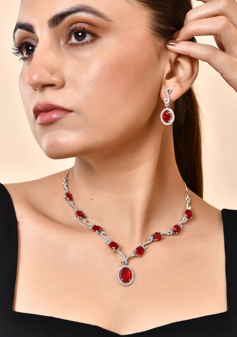 Silver Plated Oval Ruby Red Stone Studded Ad Jewellery Set - Indya