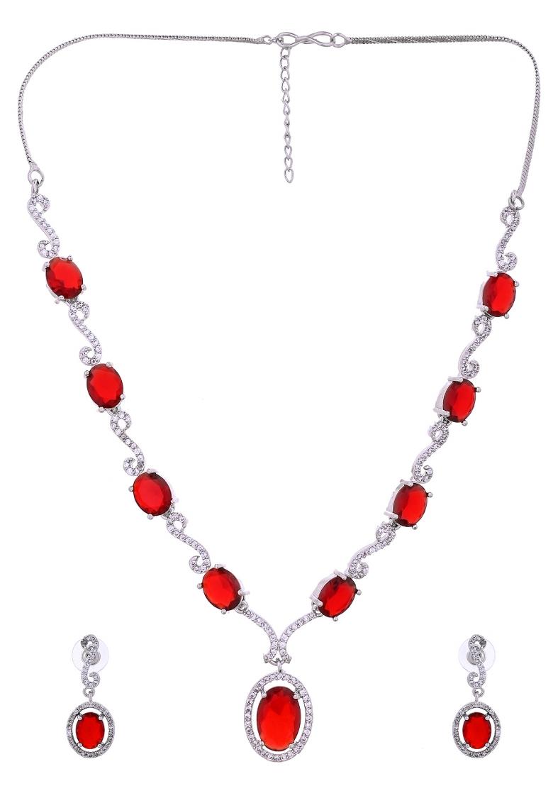 Silver Plated Oval Ruby Red Stone Studded Ad Jewellery Set - Indya