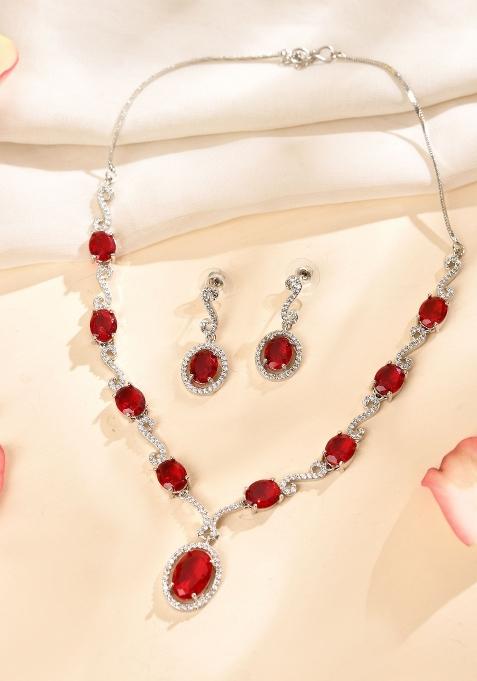 Silver Plated Oval Ruby Red Stone Studded Ad Jewellery Set