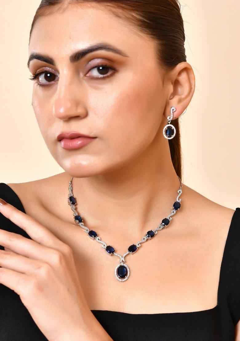 Silver Plated Oval Blue Stone Studded Ad Jewellery Set - Indya