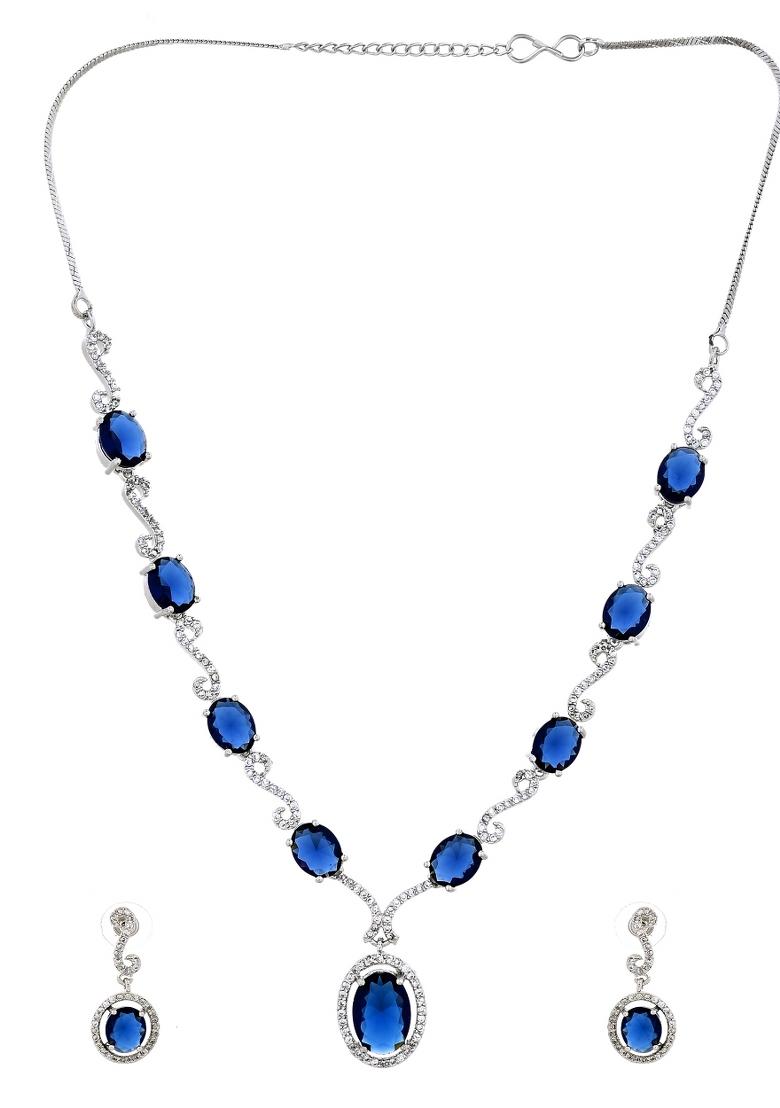 Silver Plated Oval Blue Stone Studded Ad Jewellery Set - Indya
