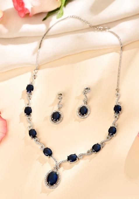Silver Plated Oval Blue Stone Studded Ad Jewellery Set