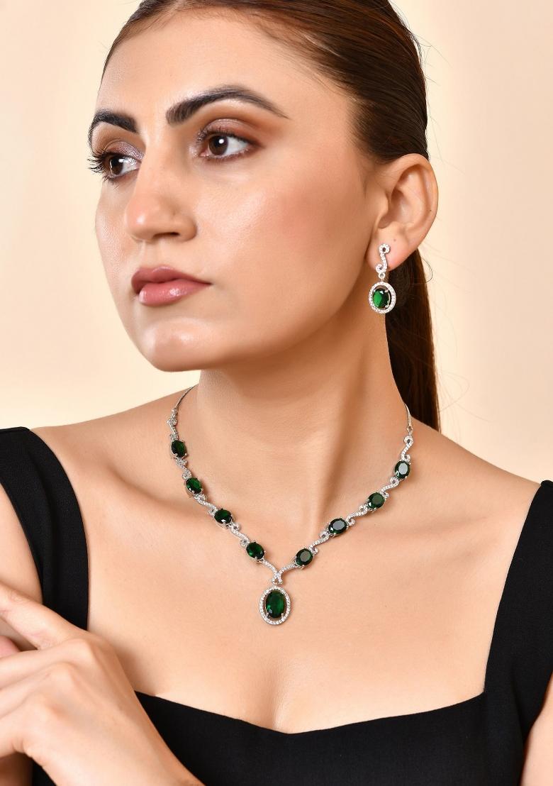 Silver Plated Oval Green Stone Studded Ad Jewellery Set - Indya