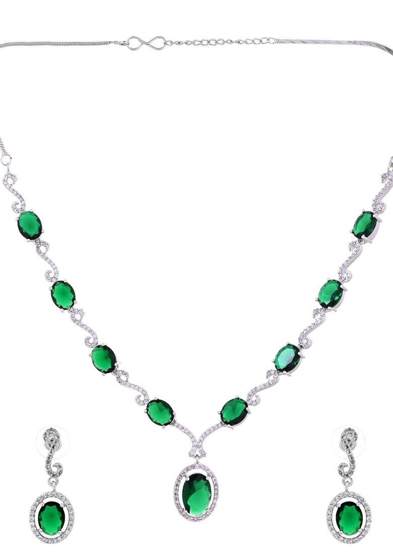 Silver Plated Oval Green Stone Studded Ad Jewellery Set - Indya