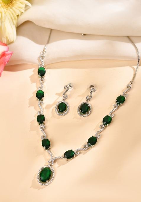 Silver Plated Oval Green Stone Studded Ad Jewellery Set