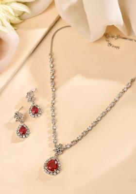 Silver Plated Pink Drop Shaped Stone With Ad Stone Simple Jewellery Set
