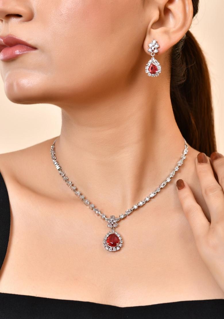 Silver Plated Pink Drop Shaped Stone With Ad Stone Simple Jewellery Set - Indya