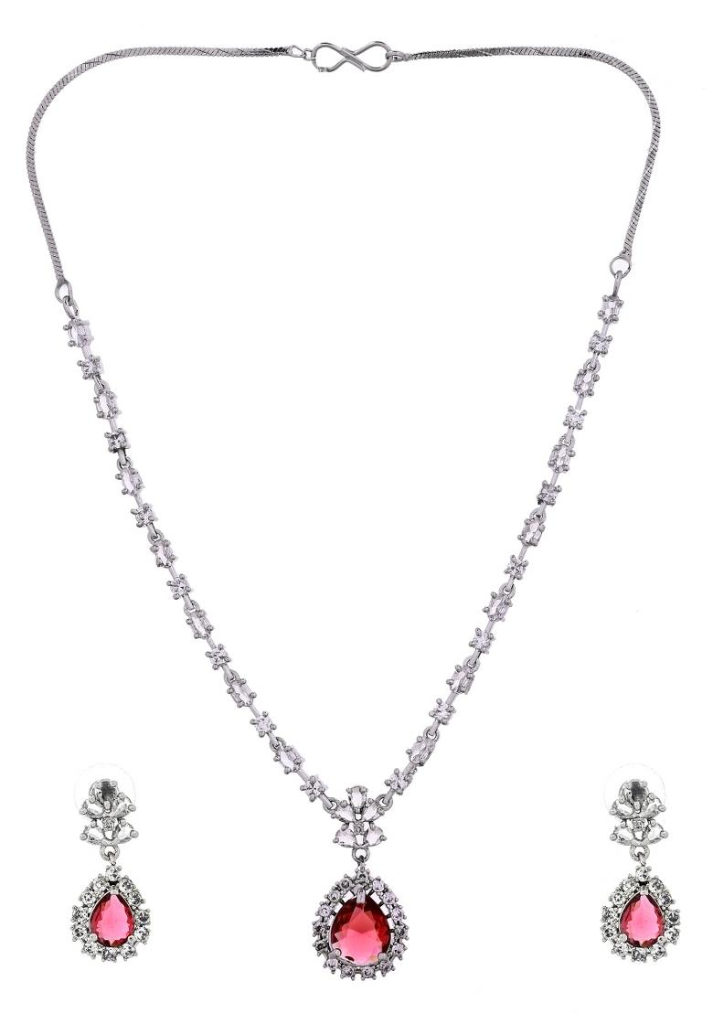 Silver Plated Pink Drop Shaped Stone With Ad Stone Simple Jewellery Set - Indya