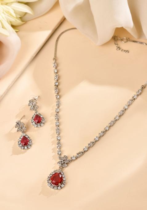 Silver Plated Pink Drop Shaped Stone With Ad Stone Simple Jewellery Set