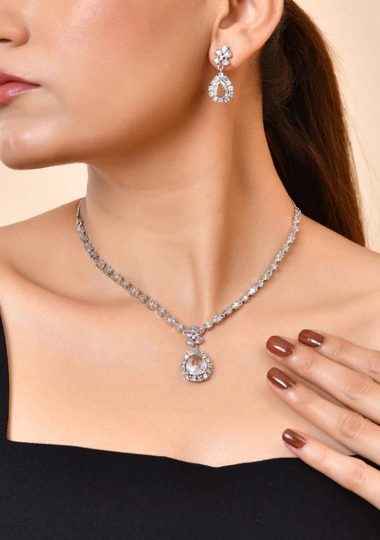 Silver Plated Drop Shaped Stone With Ad Stone Simple Jewellery Set - Indya