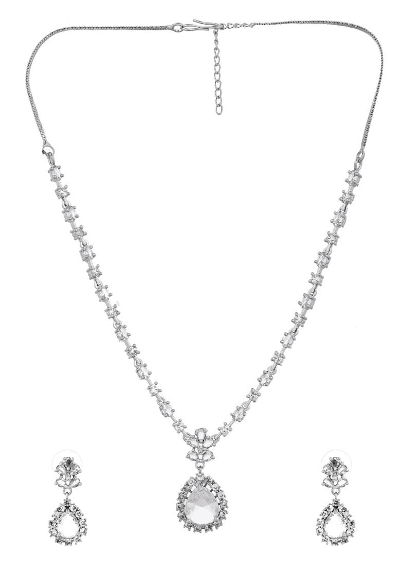 Silver Plated Drop Shaped Stone With Ad Stone Simple Jewellery Set - Indya