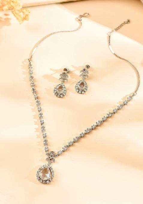 Silver Plated Drop Shaped Stone With Ad Stone Simple Jewellery Set