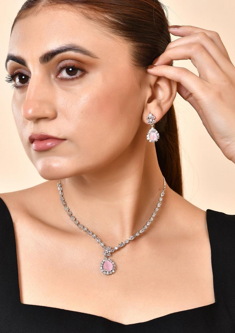 Silver Plated Baby Pink Drop Shaped Stone With Ad Stone Simple Jewellery Set - Indya
