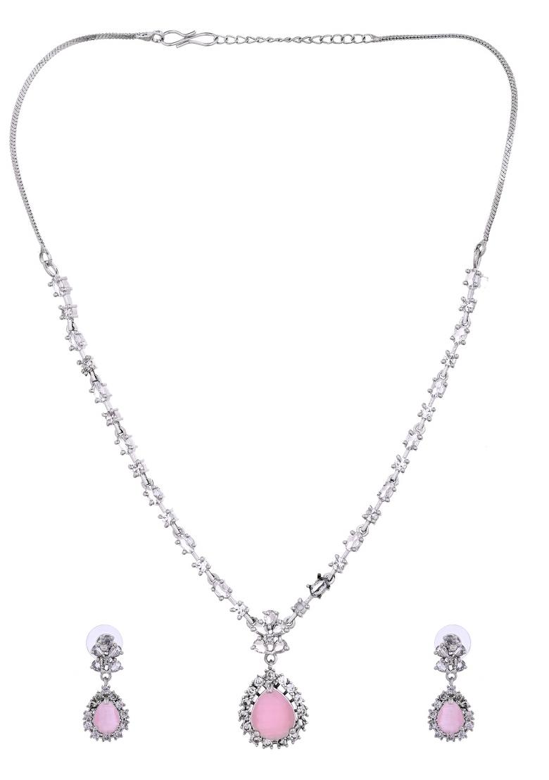 Silver Plated Baby Pink Drop Shaped Stone With Ad Stone Simple Jewellery Set - Indya