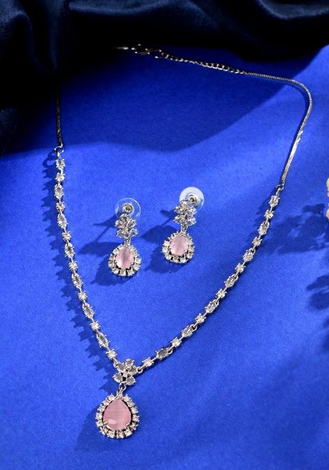 Silver Plated Baby Pink Drop Shaped Stone With Ad Stone Simple Jewellery Set