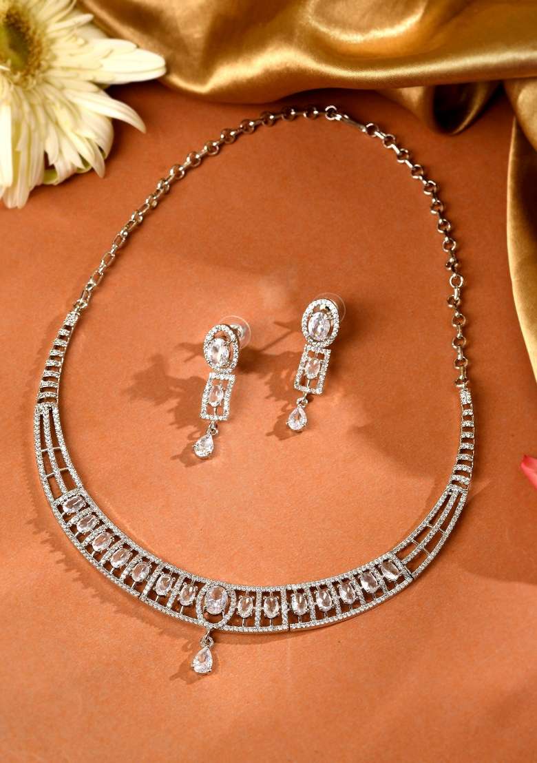 Silver Toned Sea Green Cz Stone Studded Designer Necklace Set - Indya