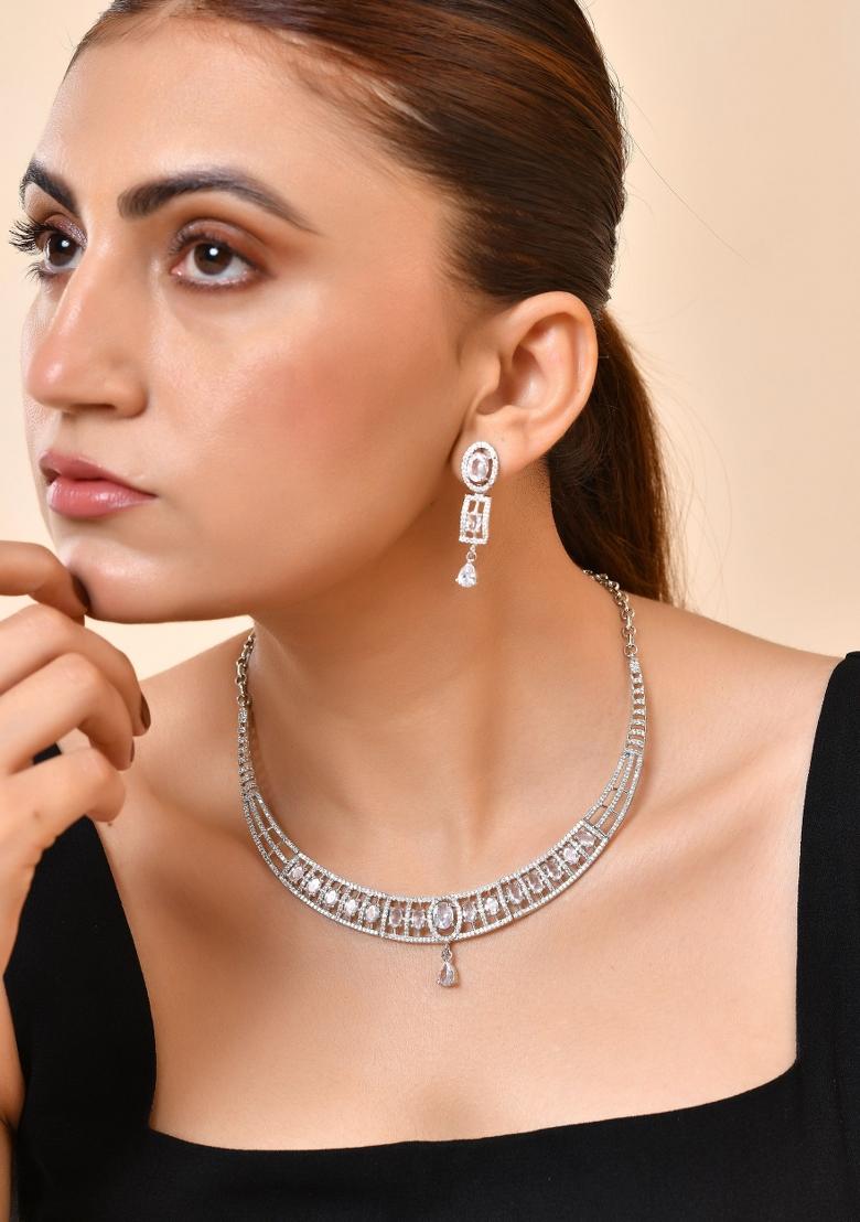 Silver Toned Sea Green Cz Stone Studded Designer Necklace Set - Indya