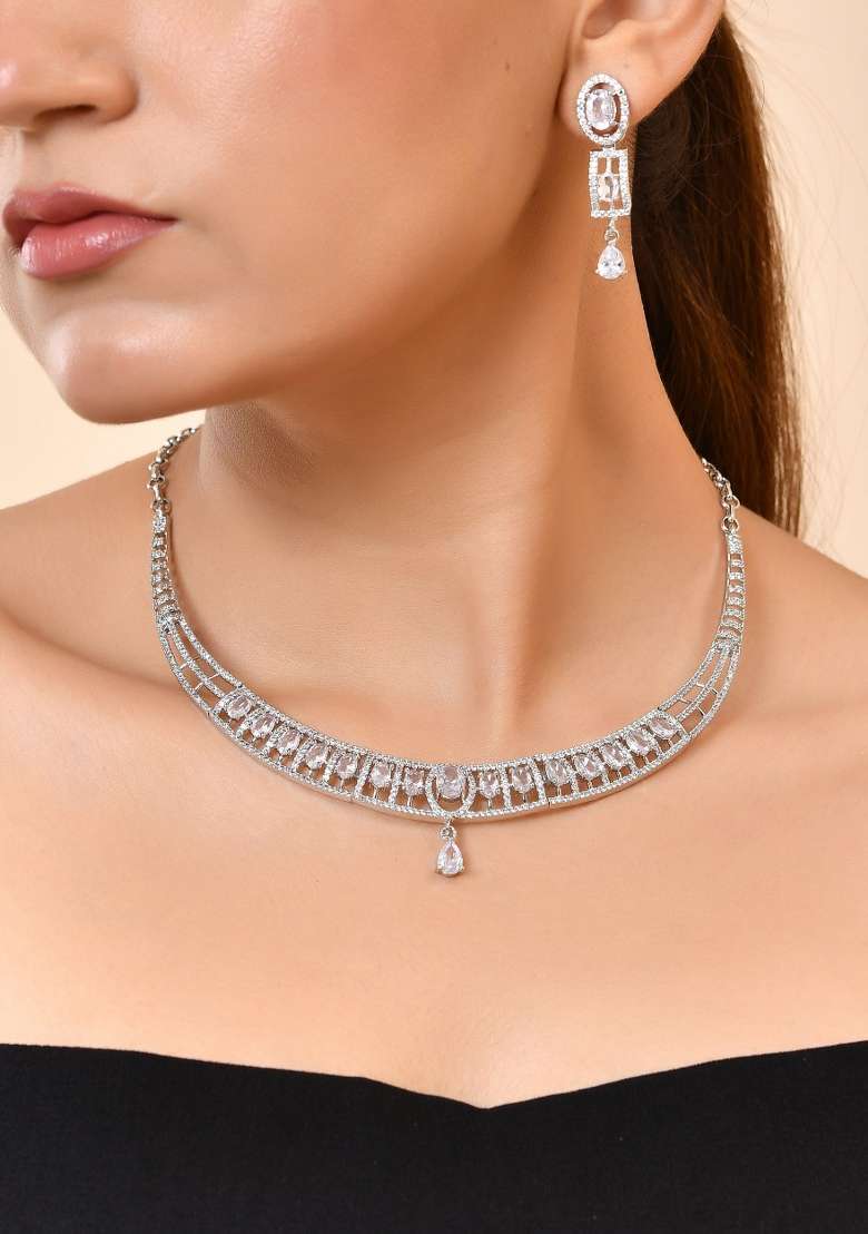 Silver Toned Sea Green Cz Stone Studded Designer Necklace Set - Indya