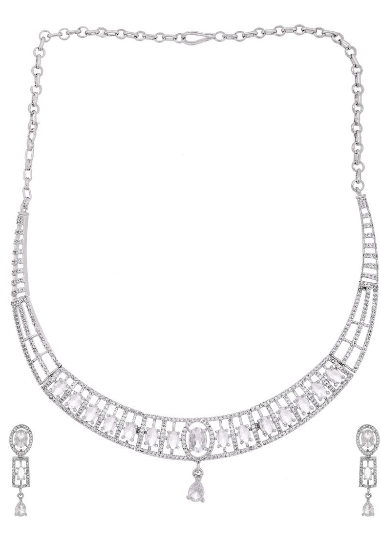 Silver Toned Sea Green Cz Stone Studded Designer Necklace Set - Indya
