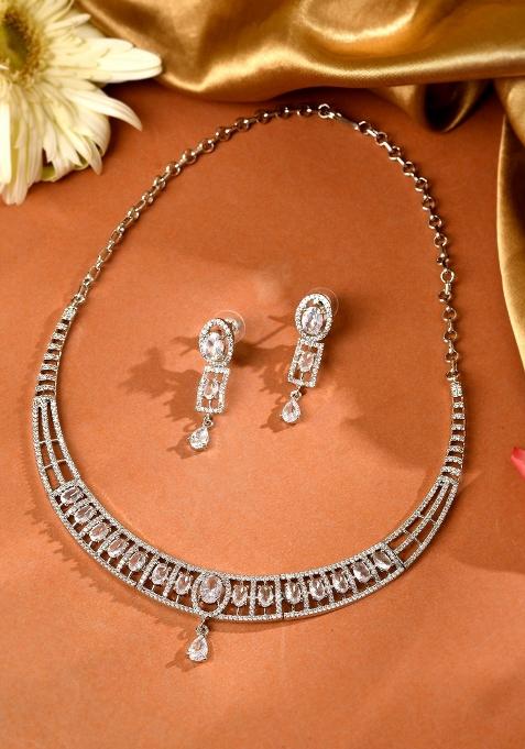 Silver Toned Sea Green Cz Stone Studded Designer Necklace Set