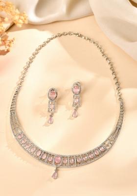 Silver Toned Baby Pink Cz Stone Studded Designer Necklace Set