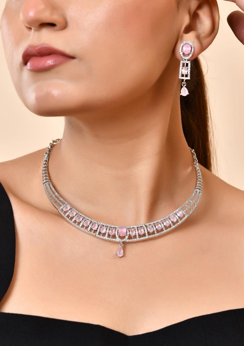 Silver Toned Baby Pink Cz Stone Studded Designer Necklace Set - Indya