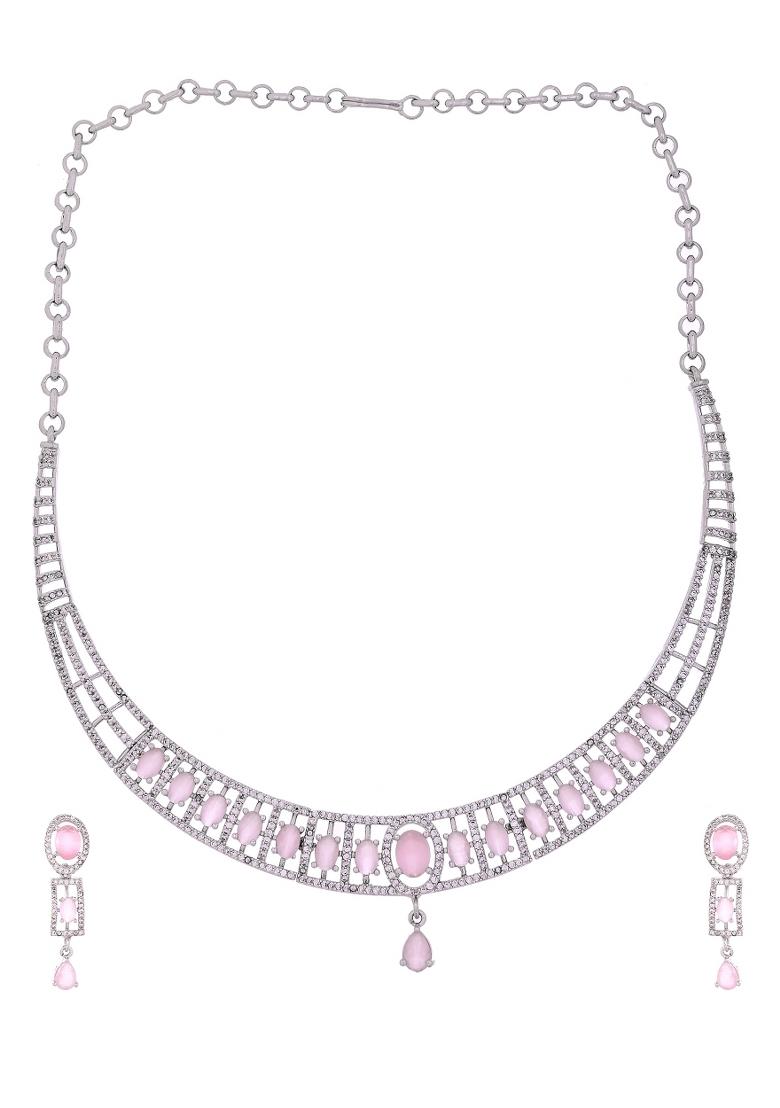 Silver Toned Baby Pink Cz Stone Studded Designer Necklace Set - Indya