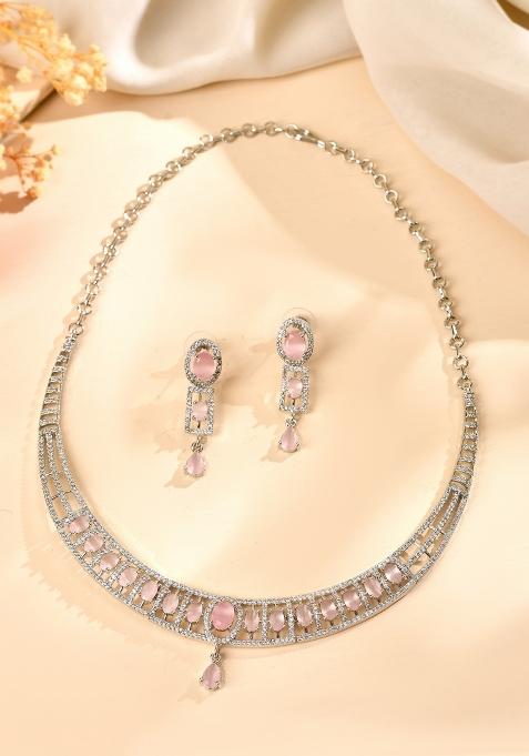 Silver Toned Baby Pink Cz Stone Studded Designer Necklace Set