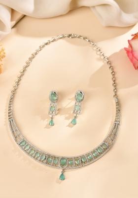 Silver Toned Cz Stone Studded Designer Necklace Set