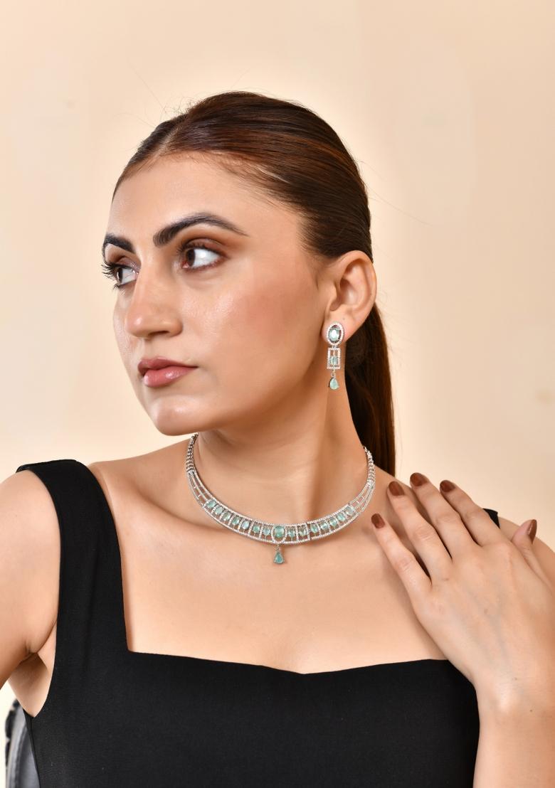 Silver Toned Cz Stone Studded Designer Necklace Set - Indya