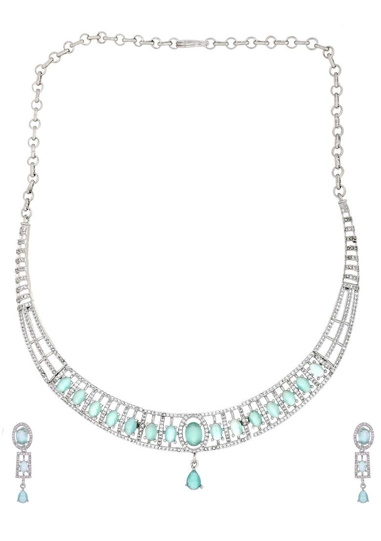 Silver Toned Cz Stone Studded Designer Necklace Set - Indya