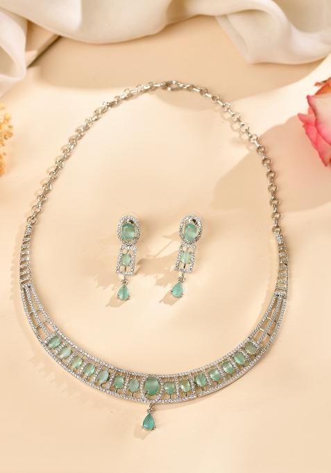Silver Toned Cz Stone Studded Designer Necklace Set