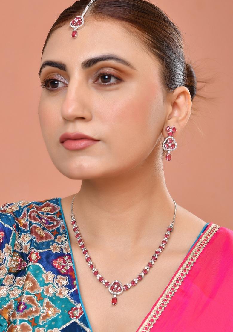 Silver Plated Ruby Red Stone Studded Ad Jewellery Set With Maang Tikka - Indya