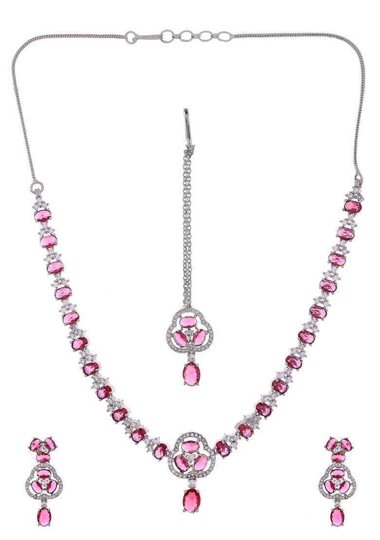 Silver Plated Ruby Red Stone Studded Ad Jewellery Set With Maang Tikka - Indya