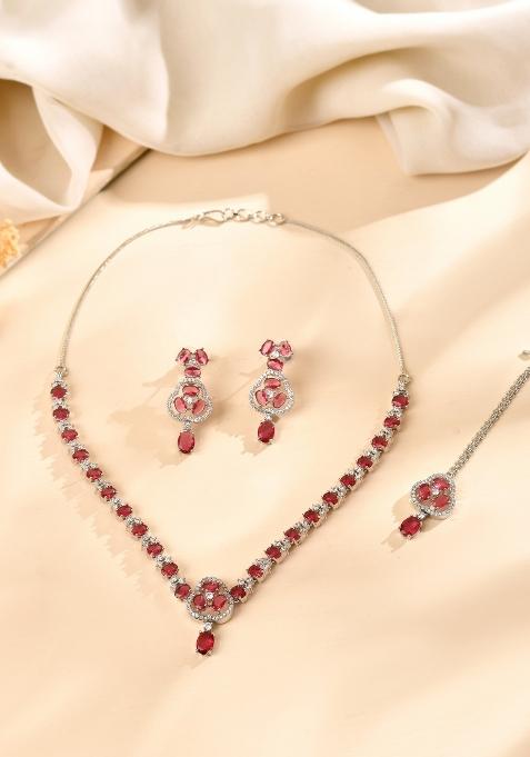Silver Plated Ruby Red Stone Studded Ad Jewellery Set With Maang Tikka