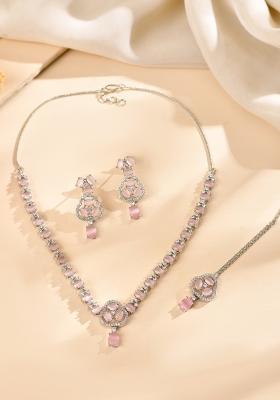 Silver Plated Baby Pink Stone Studded Ad Jewellery Set With Maang Tikka