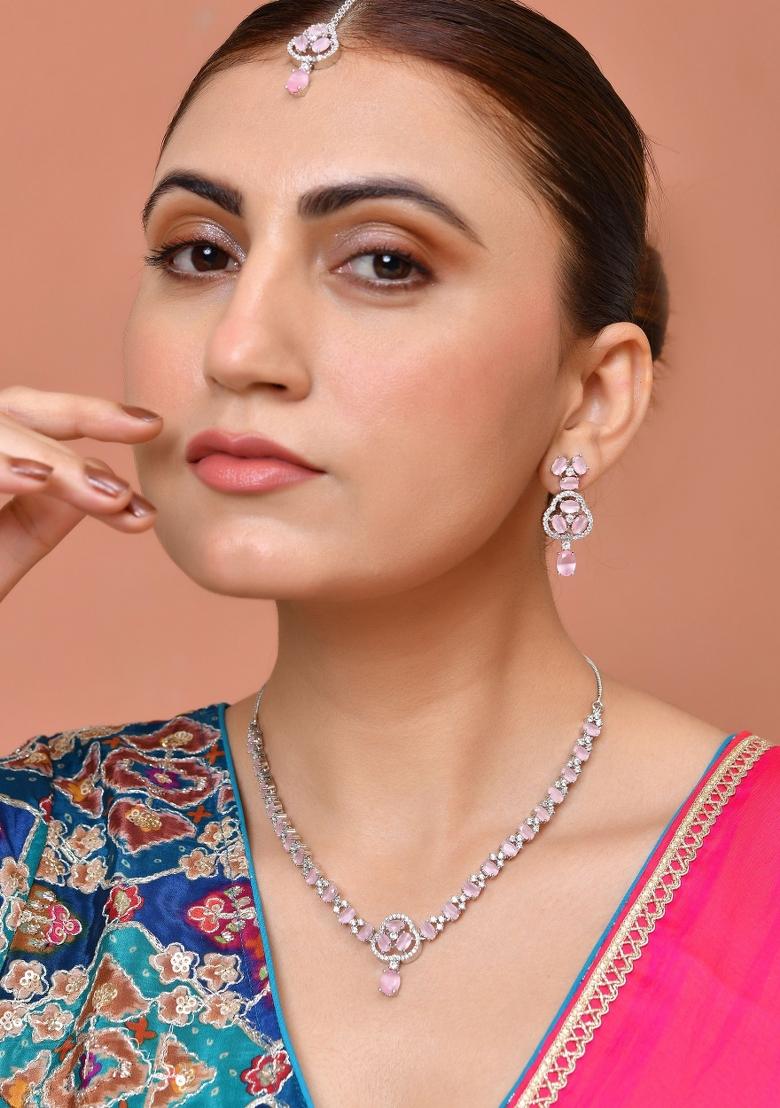 Silver Plated Baby Pink Stone Studded Ad Jewellery Set With Maang Tikka - Indya