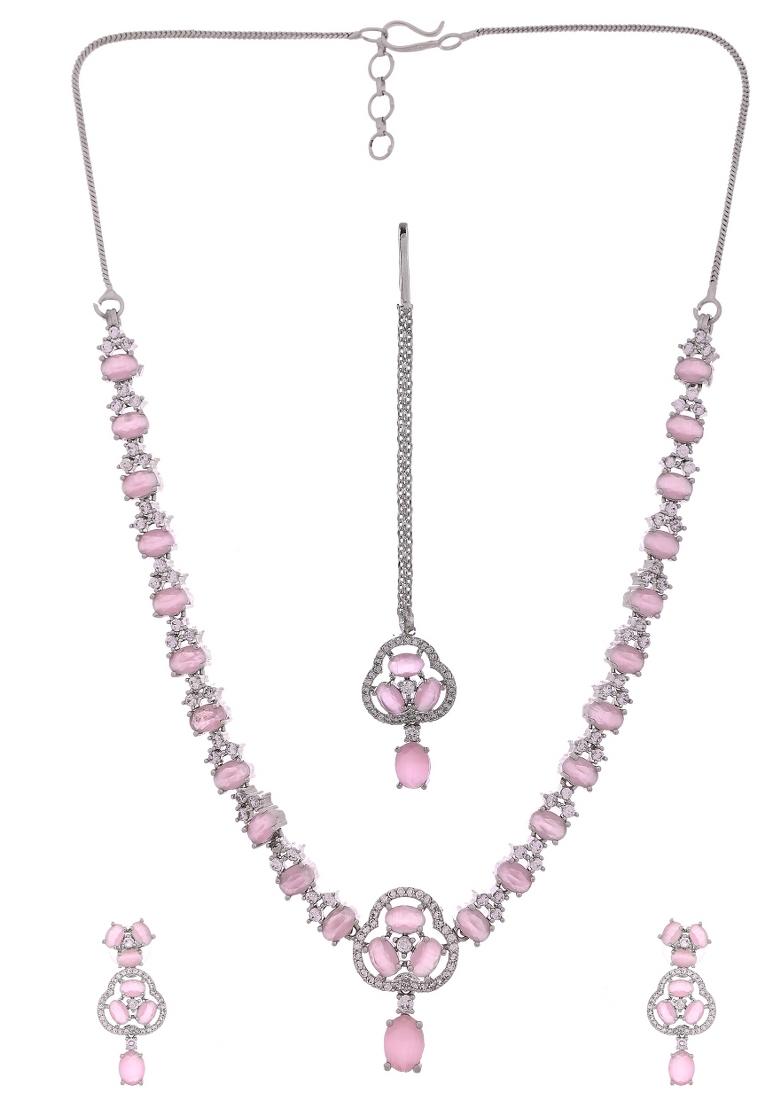 Silver Plated Baby Pink Stone Studded Ad Jewellery Set With Maang Tikka - Indya