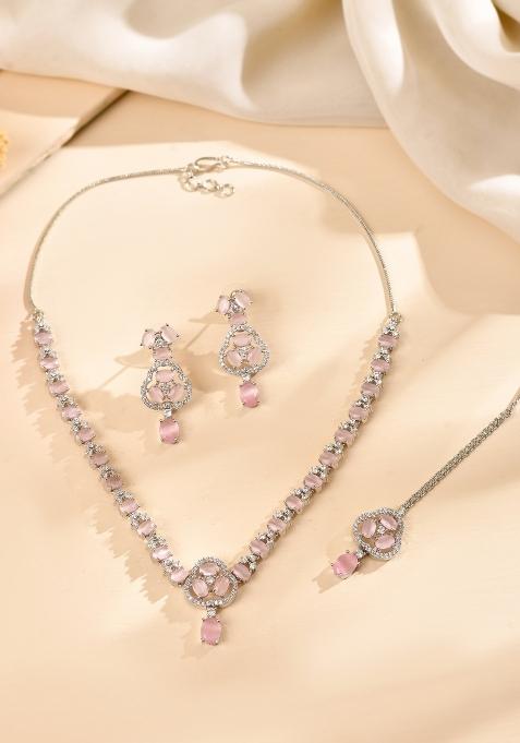 Silver Plated Baby Pink Stone Studded Ad Jewellery Set With Maang Tikka