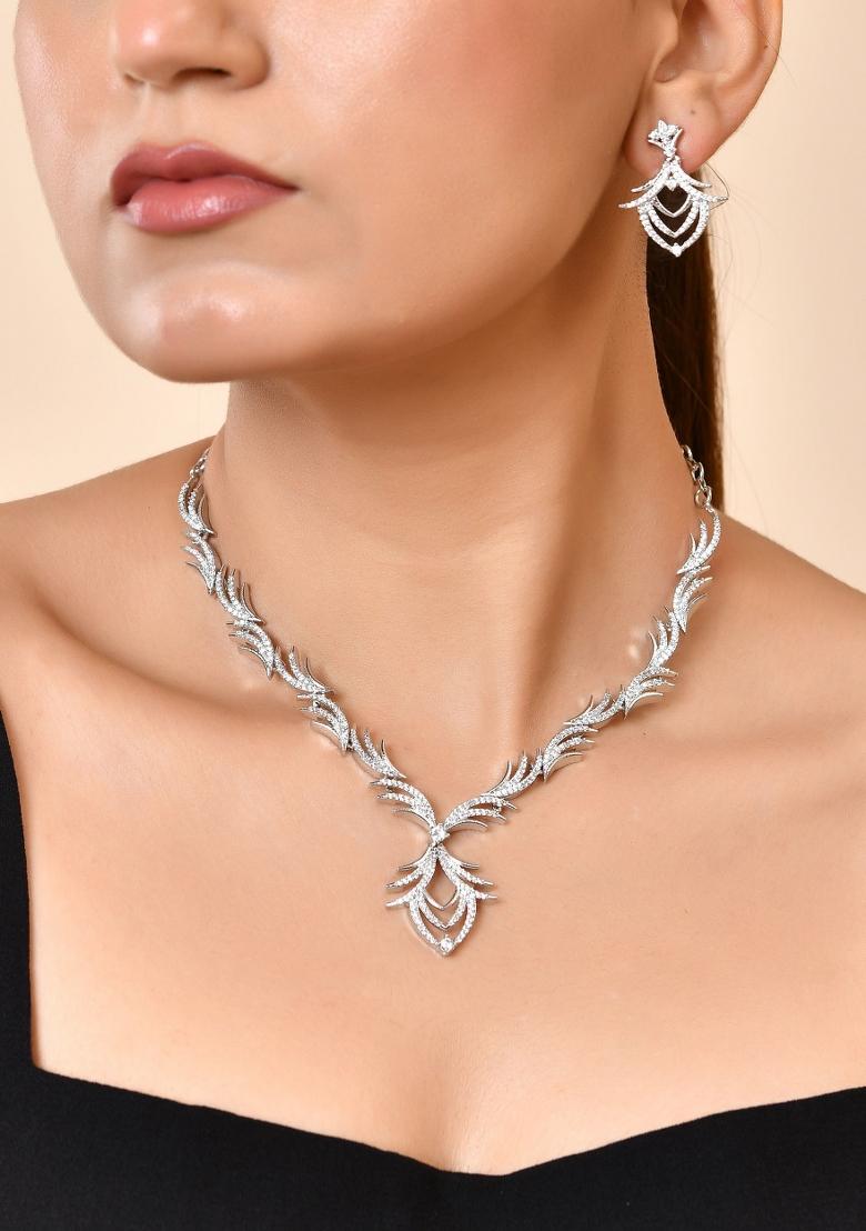 Silver Plated Cz Stone Studded Designer Elegent Necklace Set - Indya