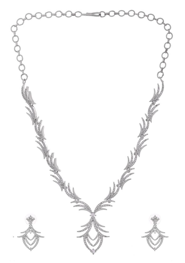Silver Plated Cz Stone Studded Designer Elegent Necklace Set - Indya
