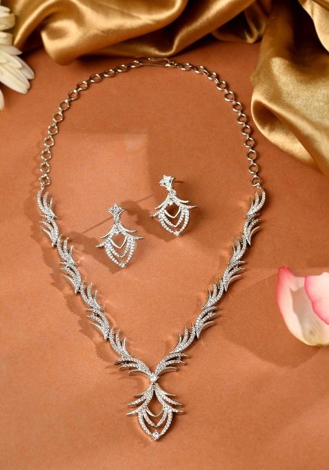 Silver Plated Cz Stone Studded Designer Elegent Necklace Set
