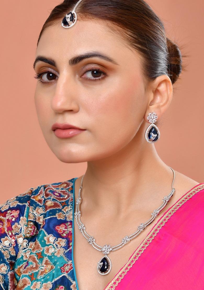Silver Plated Blue Tear Drop Shaped Stone And Ad Stone Jewellery Set With Maang Tikka  - Indya
