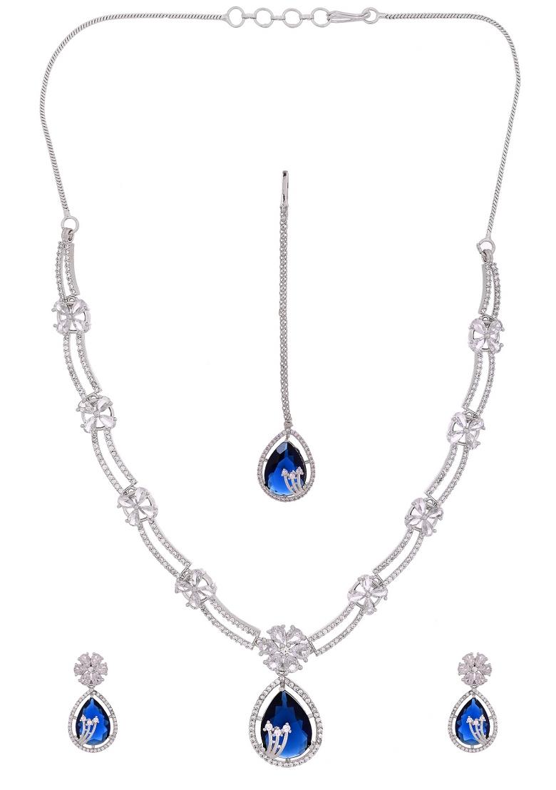 Silver Plated Blue Tear Drop Shaped Stone And Ad Stone Jewellery Set With Maang Tikka  - Indya