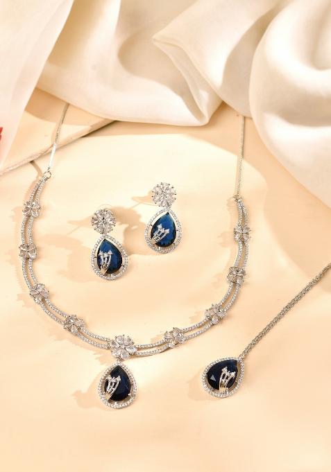 Silver Plated Blue Tear Drop Shaped Stone And Ad Stone Jewellery Set With Maang Tikka 