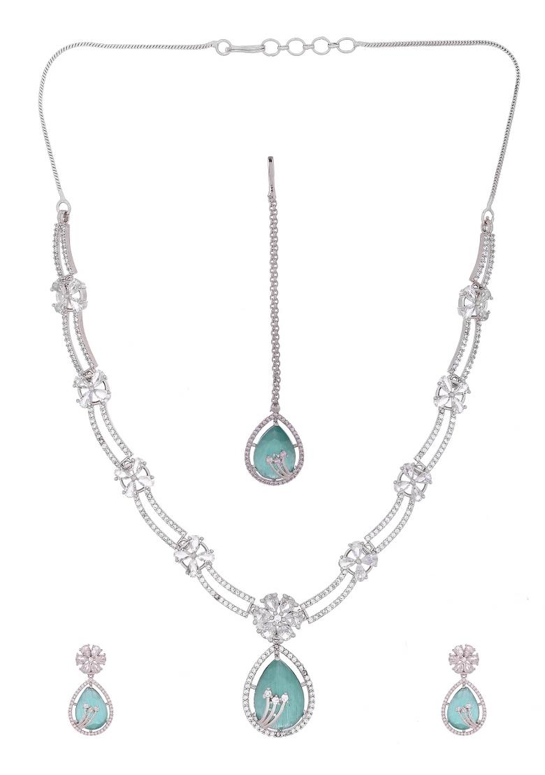 Silver Plated Teal Green Tear Drop Shaped Stone And Ad Stone Jewellery Set With Maang Tikka  - Indya